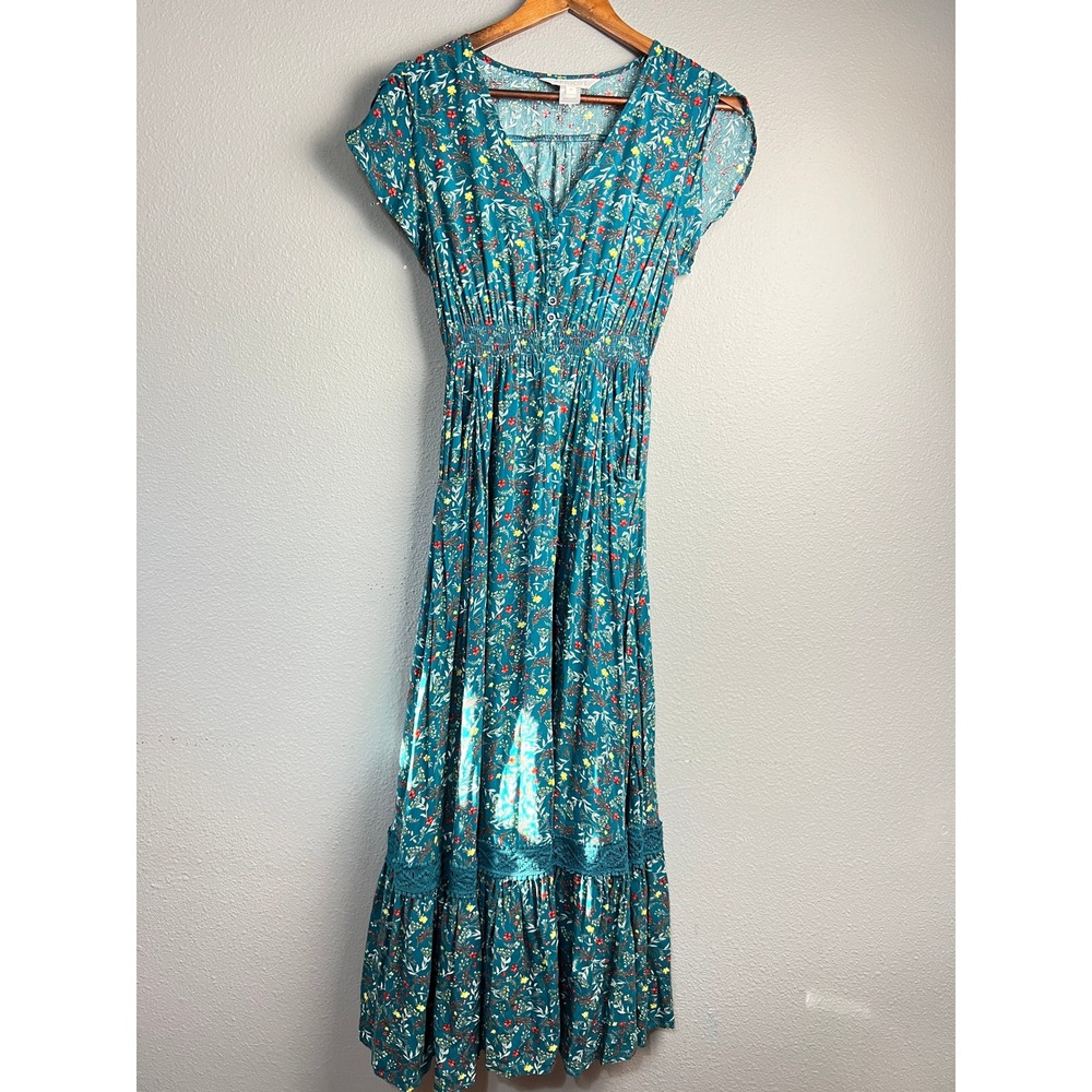 Apricot Teal Floral Maxi Dress Smocked Waist Lace Trim Boho Button Front Size M